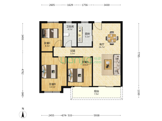 珠江四方印 3室1厅1卫 108平方