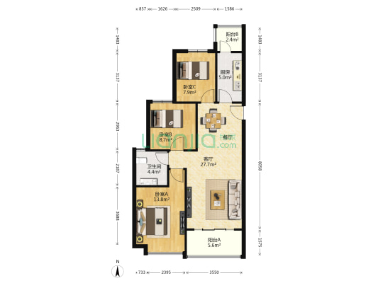 恒大帝景二期 3室1厅1卫 98平方