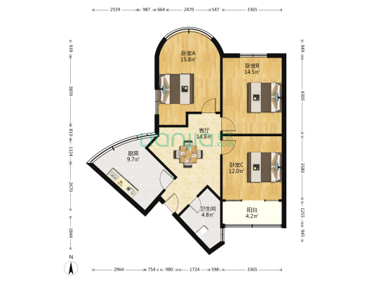 北欧丽景 3室1厅1卫 95平方