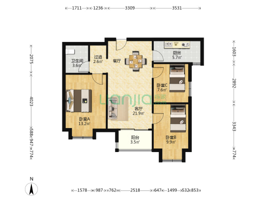 中国铁建万科翡翠国际东区 3室1厅1卫 90平方