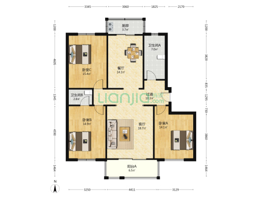 昆程园 3室2厅2卫 143平方