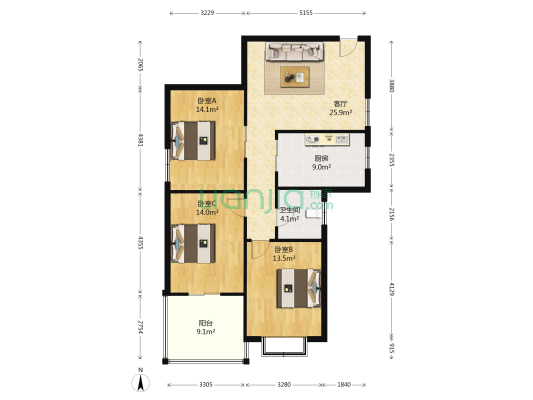 天山绿洲三期B区 3室1厅1卫 109平方