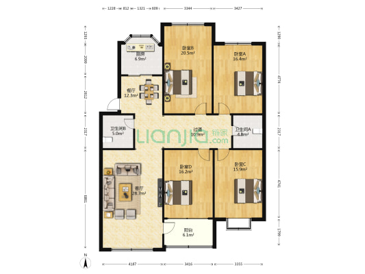五三集贸市场 4室2厅2卫 164平方