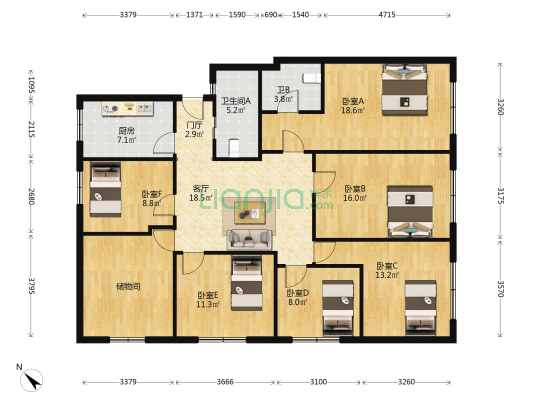 恒通大厦 6室1厅2卫 163平方