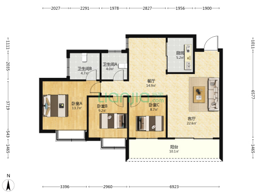 东朝尚都 3室2厅2卫 119平方