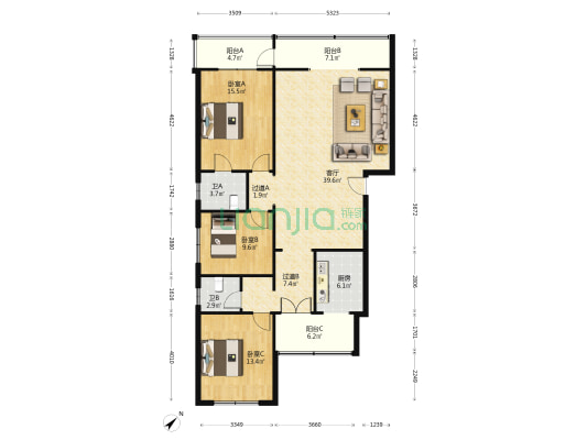 书院街185号 3室1厅2卫 129平方