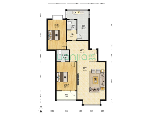 江山花园 2室2厅2卫 125平方
