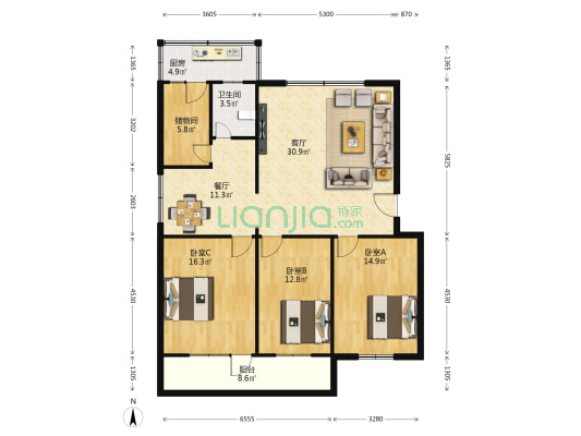 农机家属院 3室2厅1卫 124平方