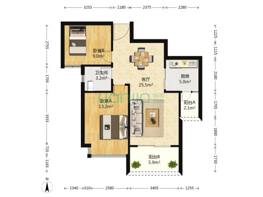 海洲国际公寓 2室1厅1卫 74平方