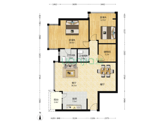 嘉嘉大楼 2室1厅2卫 116平方