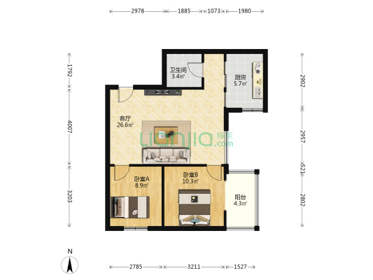 地矿之家西院 2室1厅1卫 87平方
