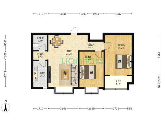 兰亭国际 2室1厅1卫 95平方