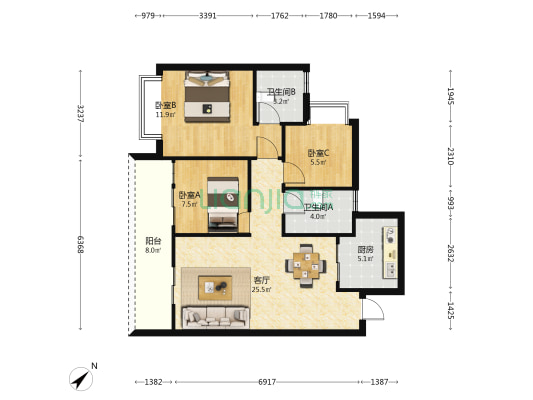 恒大文化旅游城51组团 3室1厅2卫 98平方