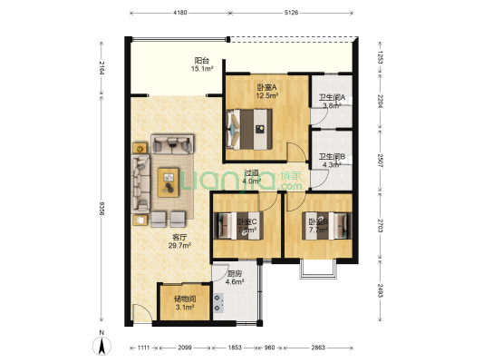 前景楼 3室1厅2卫 104平方