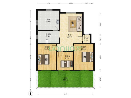 庆丰路13号 3室1厅1卫 100平方
