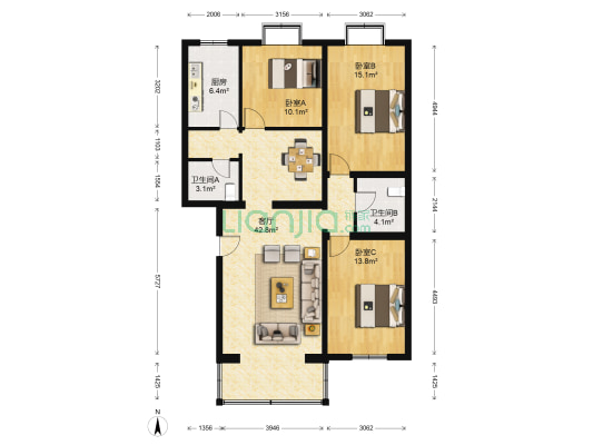 福城国际公寓 3室1厅2卫 128平方