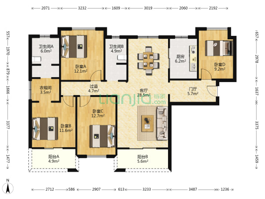 美好长江首玺K1 4室1厅2卫 150平方
