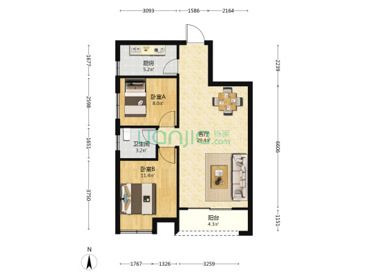 长江鑫都B区 2室1厅1卫 82平方