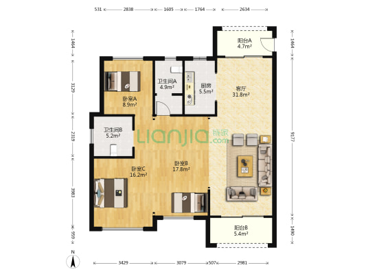红星天铂一期 3室1厅2卫 118平方