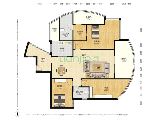 仟坤国际 3室1厅2卫 152平方