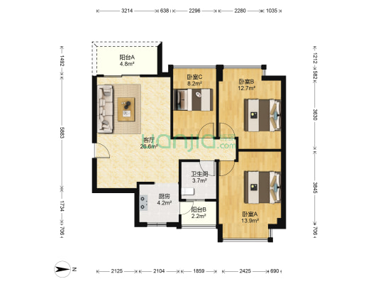 华西衡山家园 3室1厅1卫 94平方