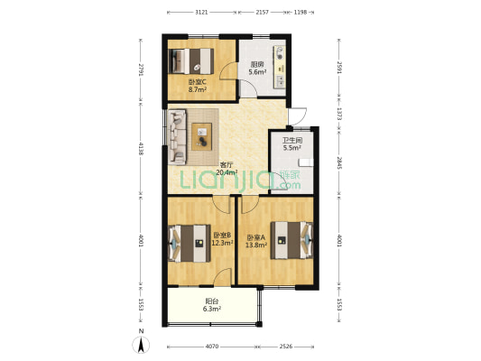 柯笛花园 3室1厅1卫 87平方