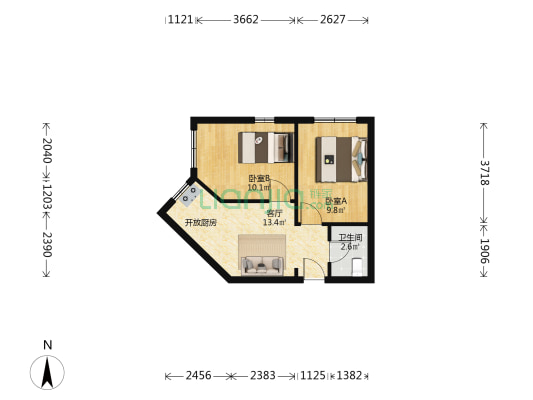 东方财富 2室1厅1卫 57平方