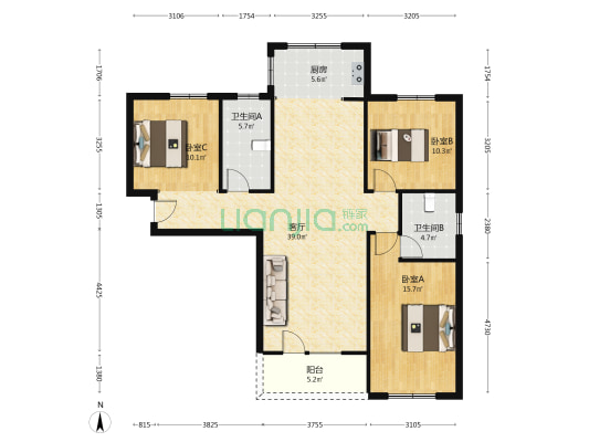 德信御府，改善社区，二康北边，南北通透大三居-户型图