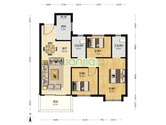长沙北中心保利时代B区 3室1厅2卫 108平方