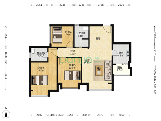 万景金色佳园 3室1厅2卫 89平方