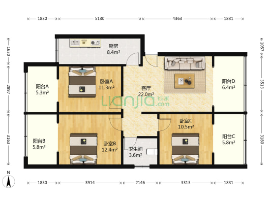 平安正街43号 3室1厅1卫 92平方