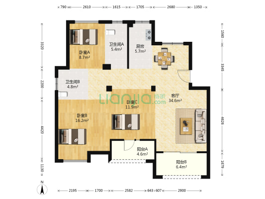银亿新世境 3室1厅2卫 106平方