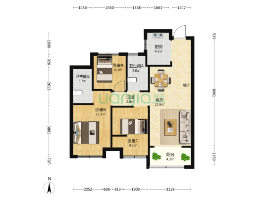 爱情花漫里 3室1厅2卫 89平方