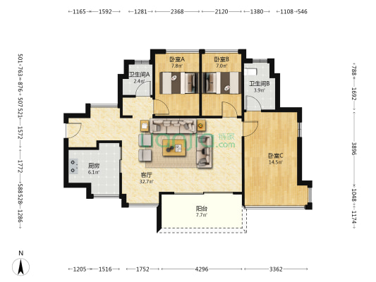 太东万科万悦花园 3室1厅2卫 96平方