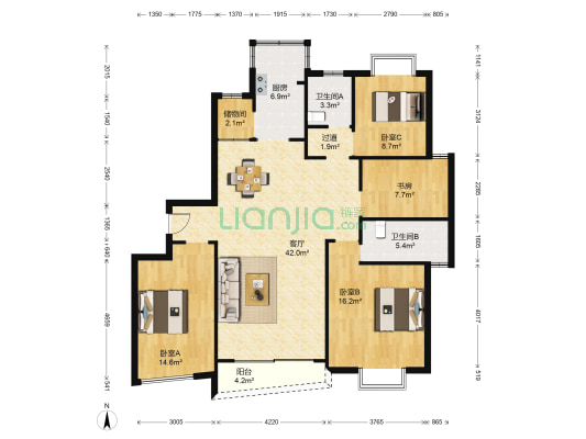 新华徽府 4室1厅2卫 142平方