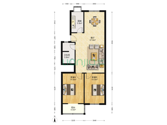 交警宿舍 2室1厅1卫 103平方