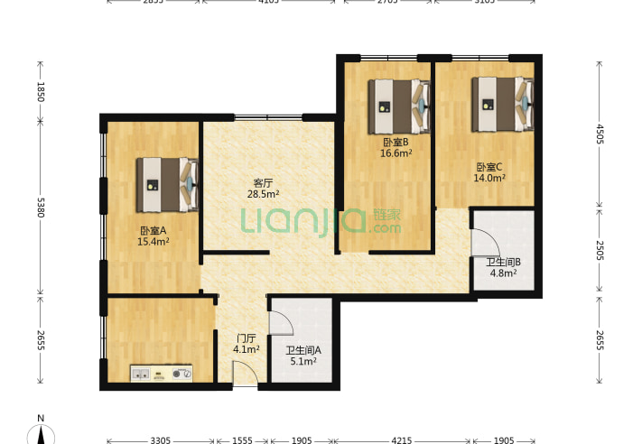 3室1厅2卫134.77㎡-北京北三环西路48号院户型图