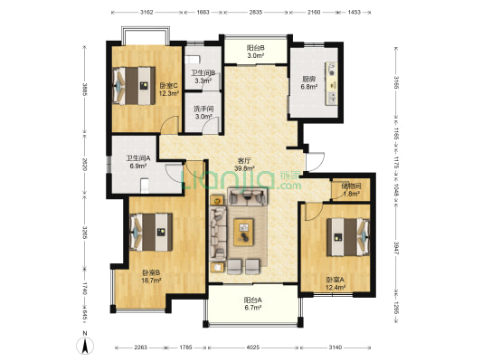 新空间家园 3室1厅3卫 133平方