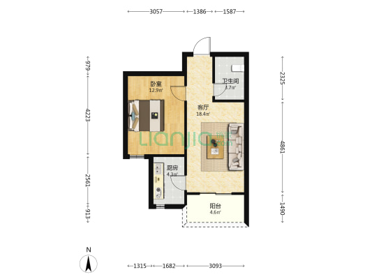 青扬新桥花园 1室1厅1卫 56平方