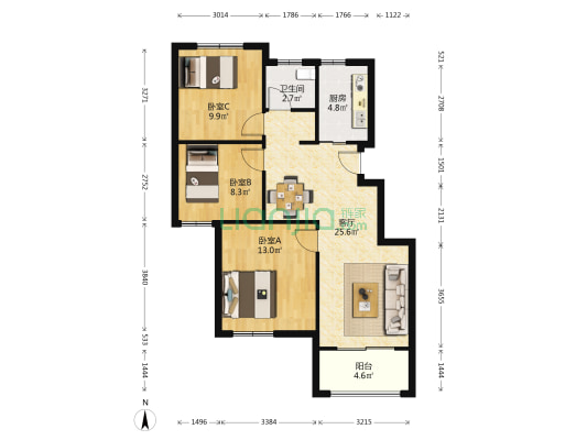 山澜苑（泰学路71号） 3室1厅1卫 90平方