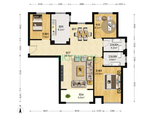 正德秋实园 3室1厅2卫 131平方