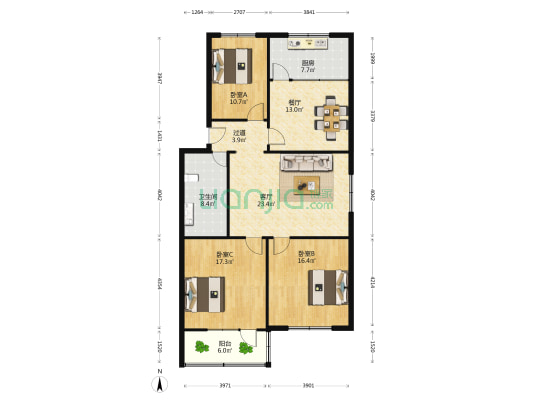 保险宿舍 3室2厅1卫 129平方