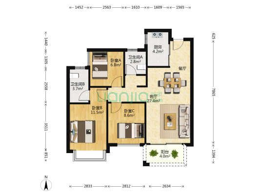 万科星都荟 3室1厅2卫 92平方