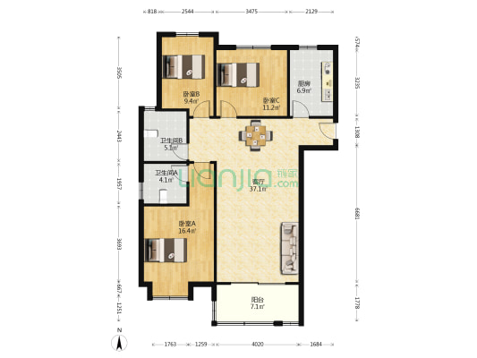 桃园雅居二期 3室1厅2卫 121平方