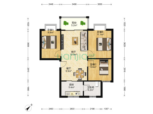 朝晖花园 3室2厅1卫 87平方