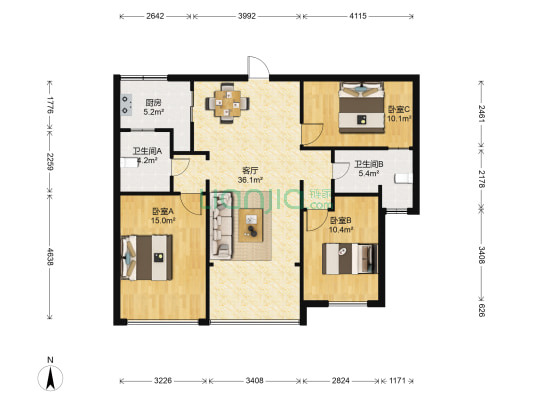浙建滨江丽都小区 3室1厅2卫 87平方