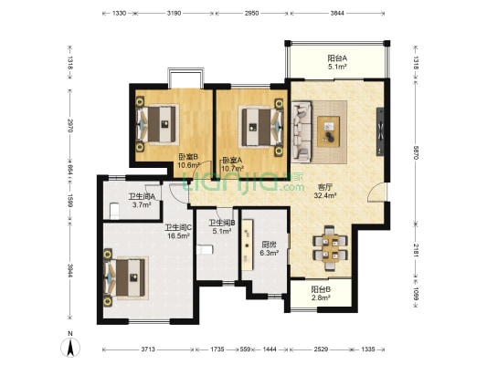 万科悦城 2室1厅3卫 116平方