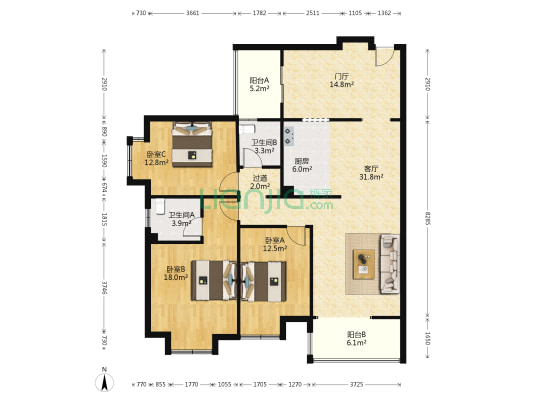 金财花园 3室1厅2卫 126平方