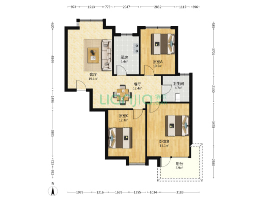 陆地方舟人才公寓 3室2厅1卫 109平方