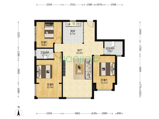新都花园 3室1厅2卫 99平方